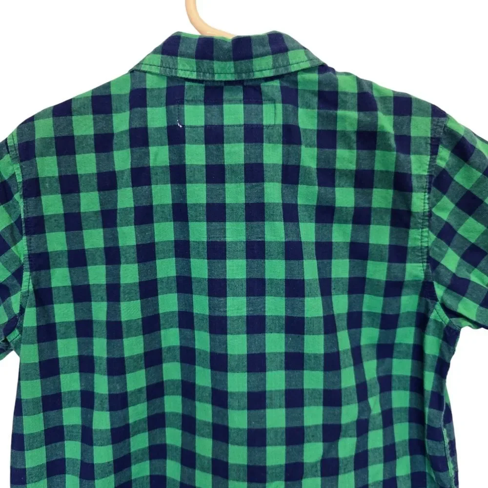 Old Navy Boys XS Classic Shirt Green Blue Plaid Short Sleeve Button Up Shirt